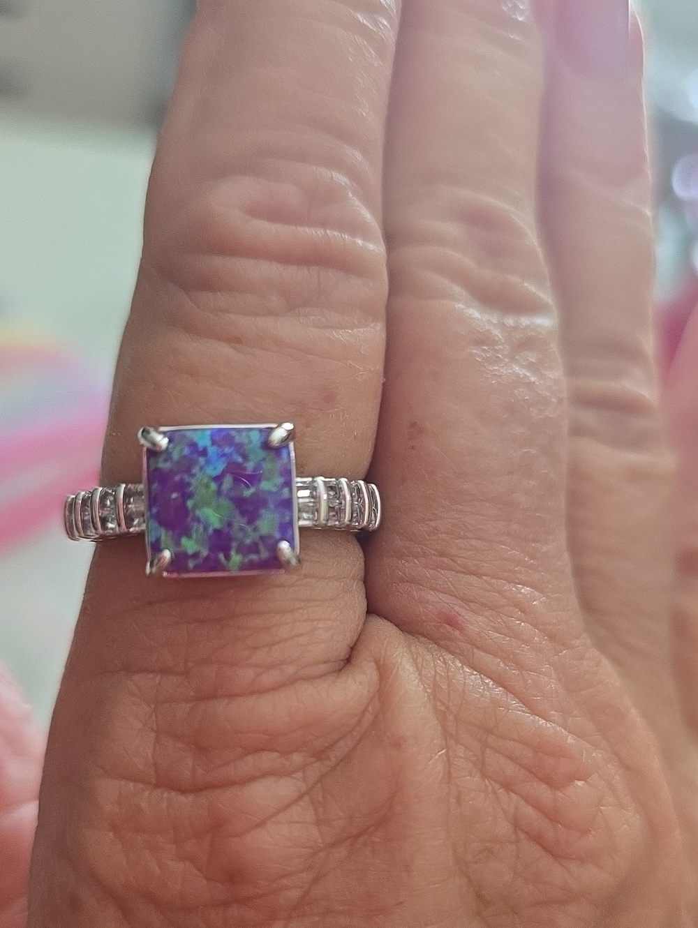 bp Silver Ring with Blue-Purple Opal-Effect Square Stone